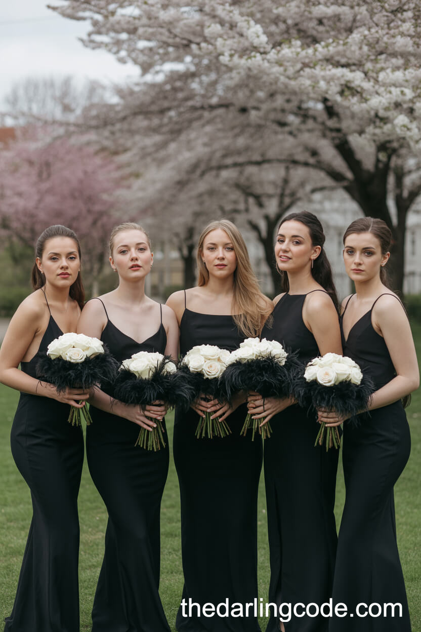 Sleek Bridesmaids in Black Gowns with White Bouquets