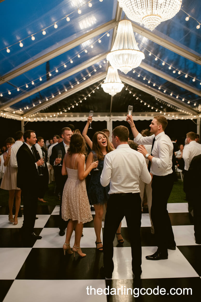 Lively Dance Floor with Black-and-White Checkered Pattern