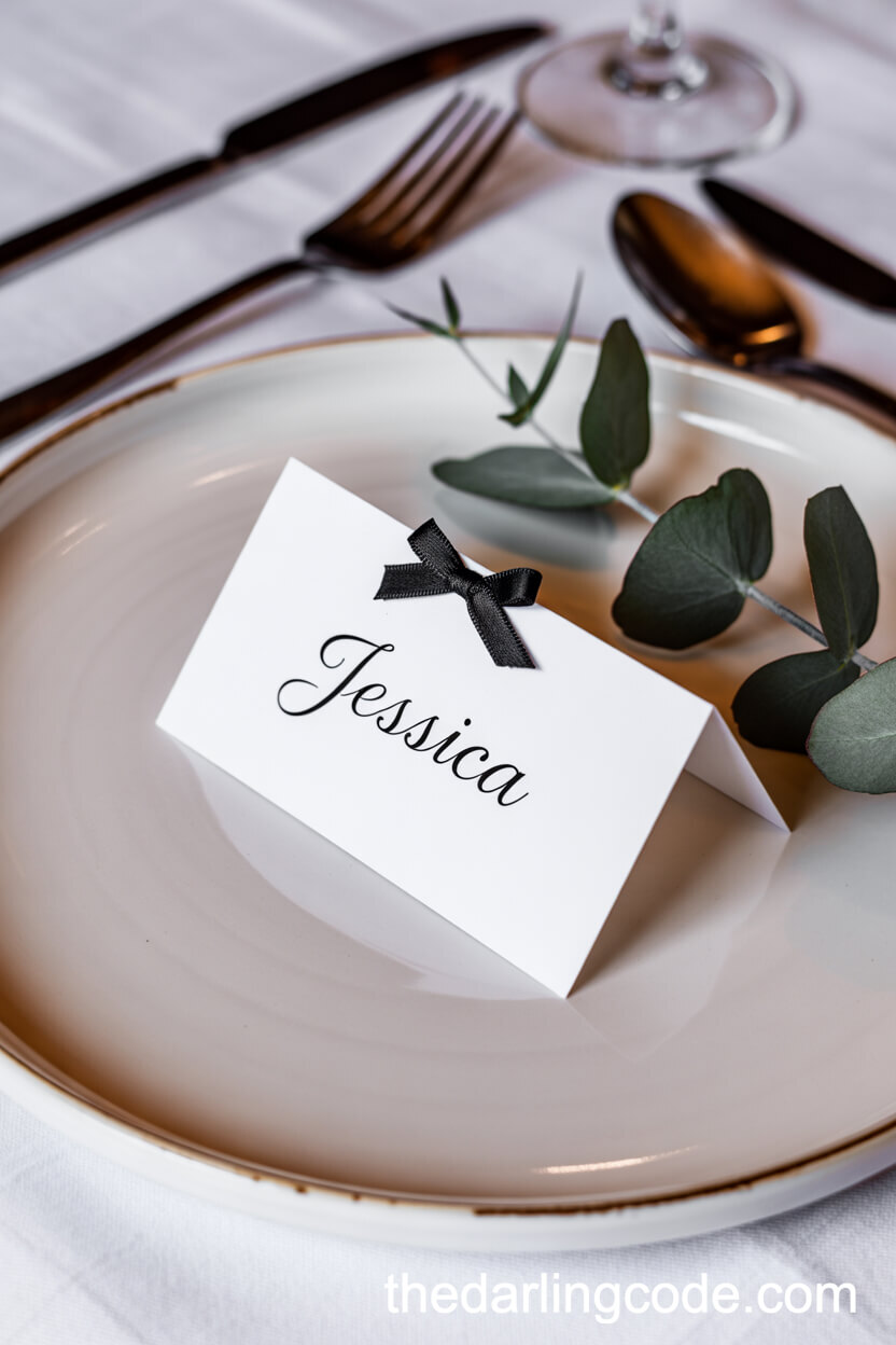 Elegant Place Cards with Black Calligraphy and Eucalyptus