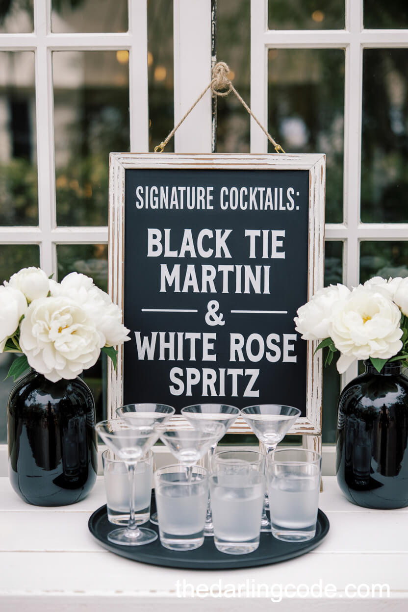 Sophisticated Bar Setup with Signature Black and White Cocktails