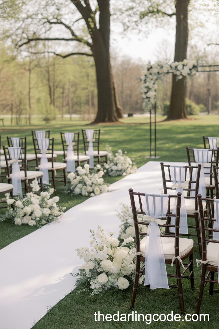Airy Spring Garden Ceremony with Black Bows on Chairs