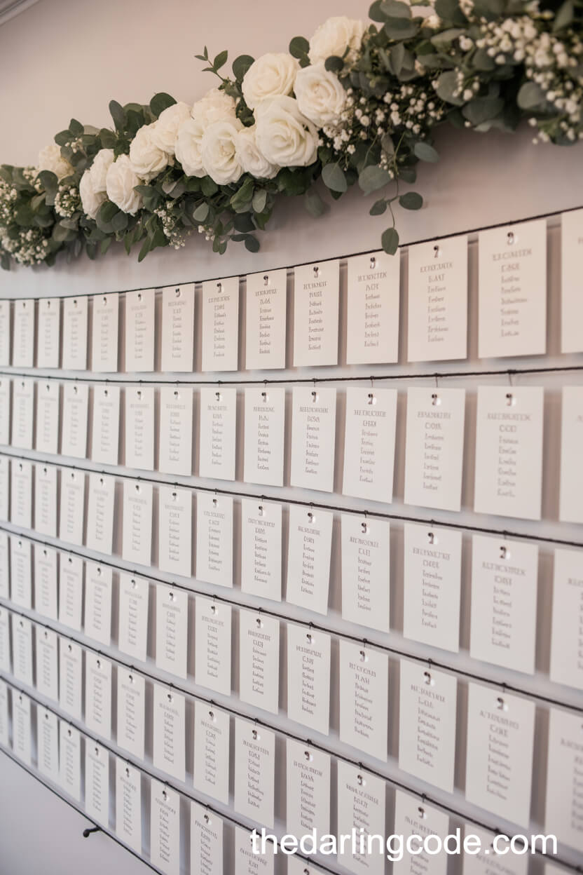Escort Card Wall with Black and White Rows and Rose Garland