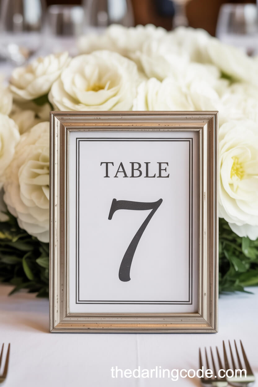 Silver-Framed Table Numbers with Lush White Florals