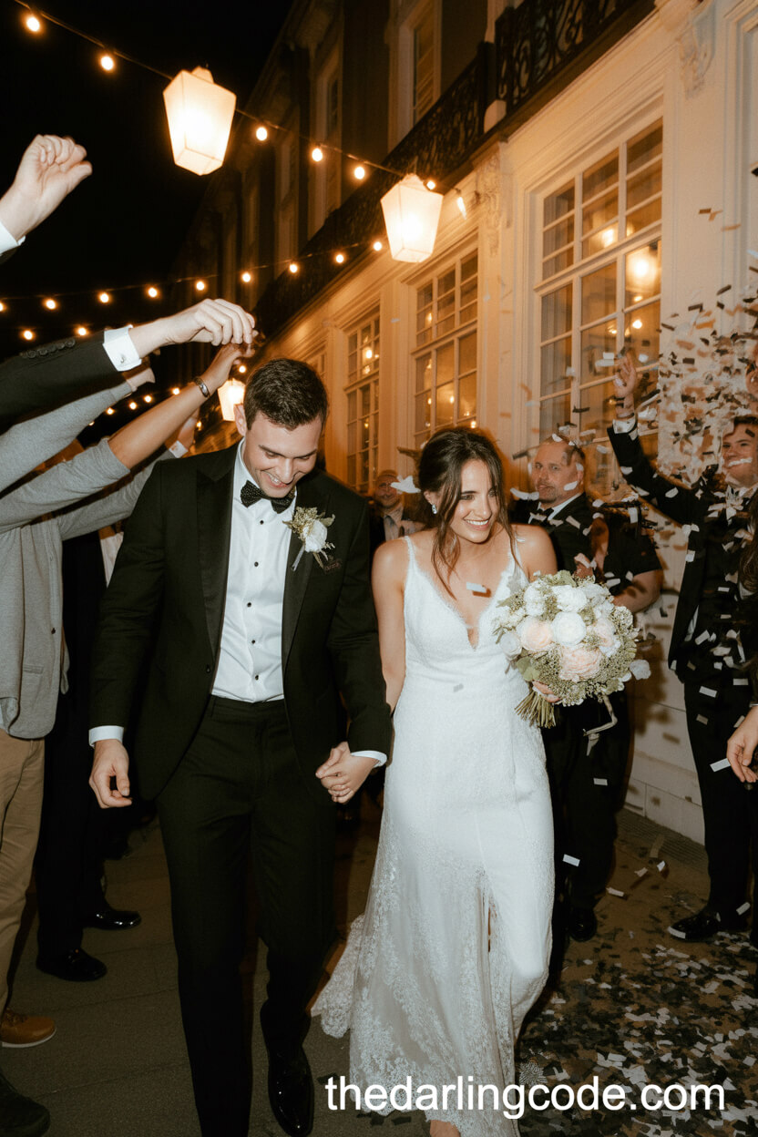 Magical Confetti Exit for Newlyweds in Black and White