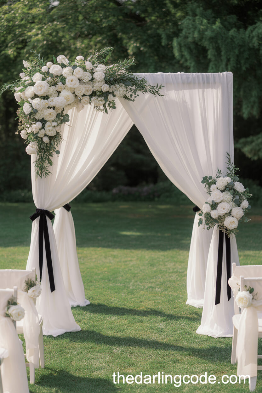 Classic Garden Wedding Arch with Black Velvet Ribbon Accents
