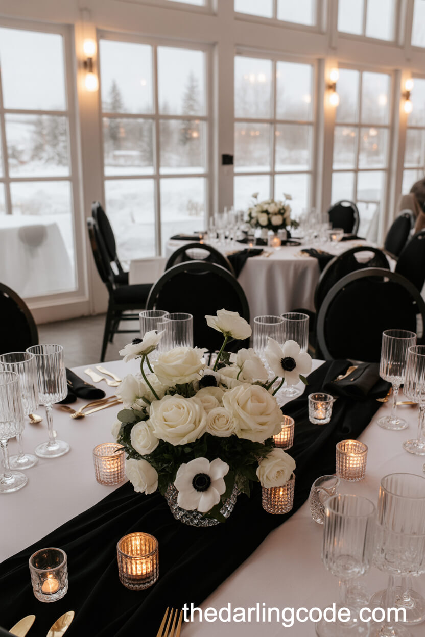Cozy Winter Reception with Black Velvet and Crystal Touches