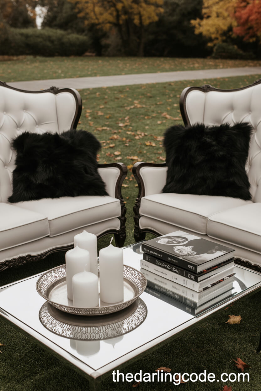 Chic Lounge Area with White Sofas and Black Velvet Details