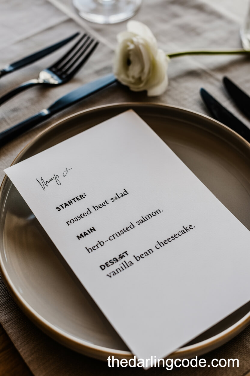 Minimalist Menu Card on Stylish Black and White Place Setting