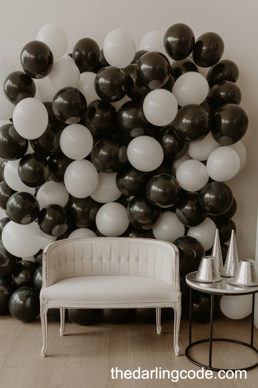Playful Photo Booth with Black and White Balloon Wall