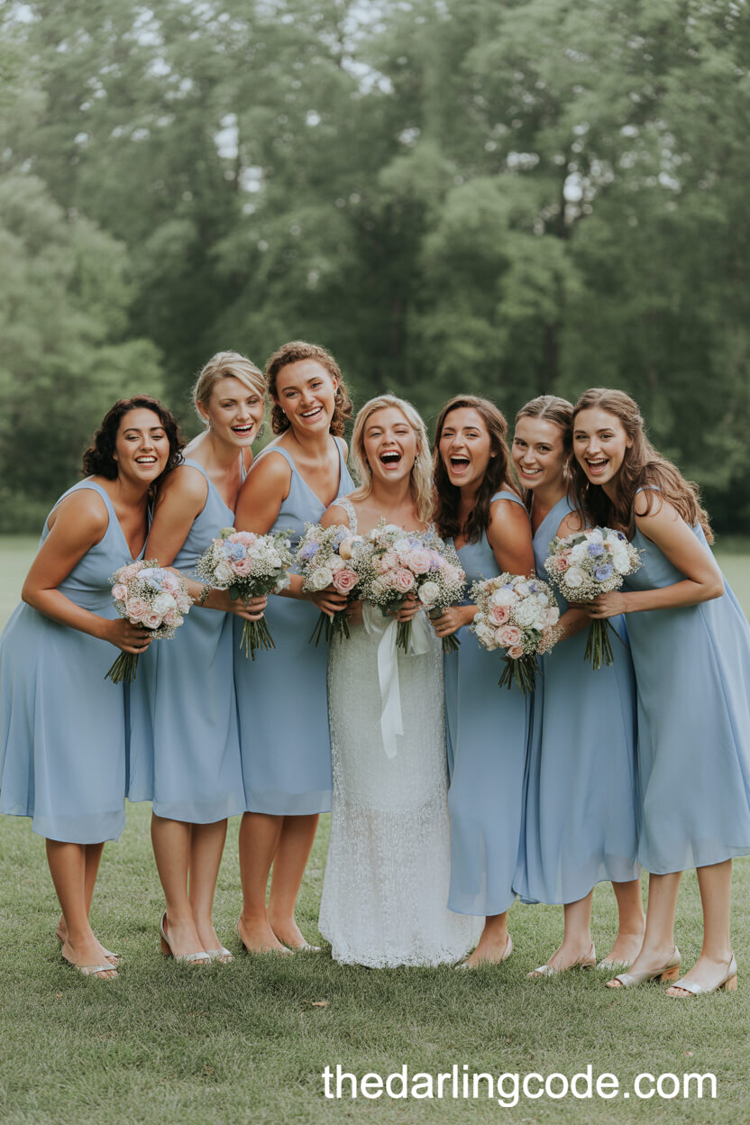Bridesmaids in Light Blue Dresses and Pastel Bouquets