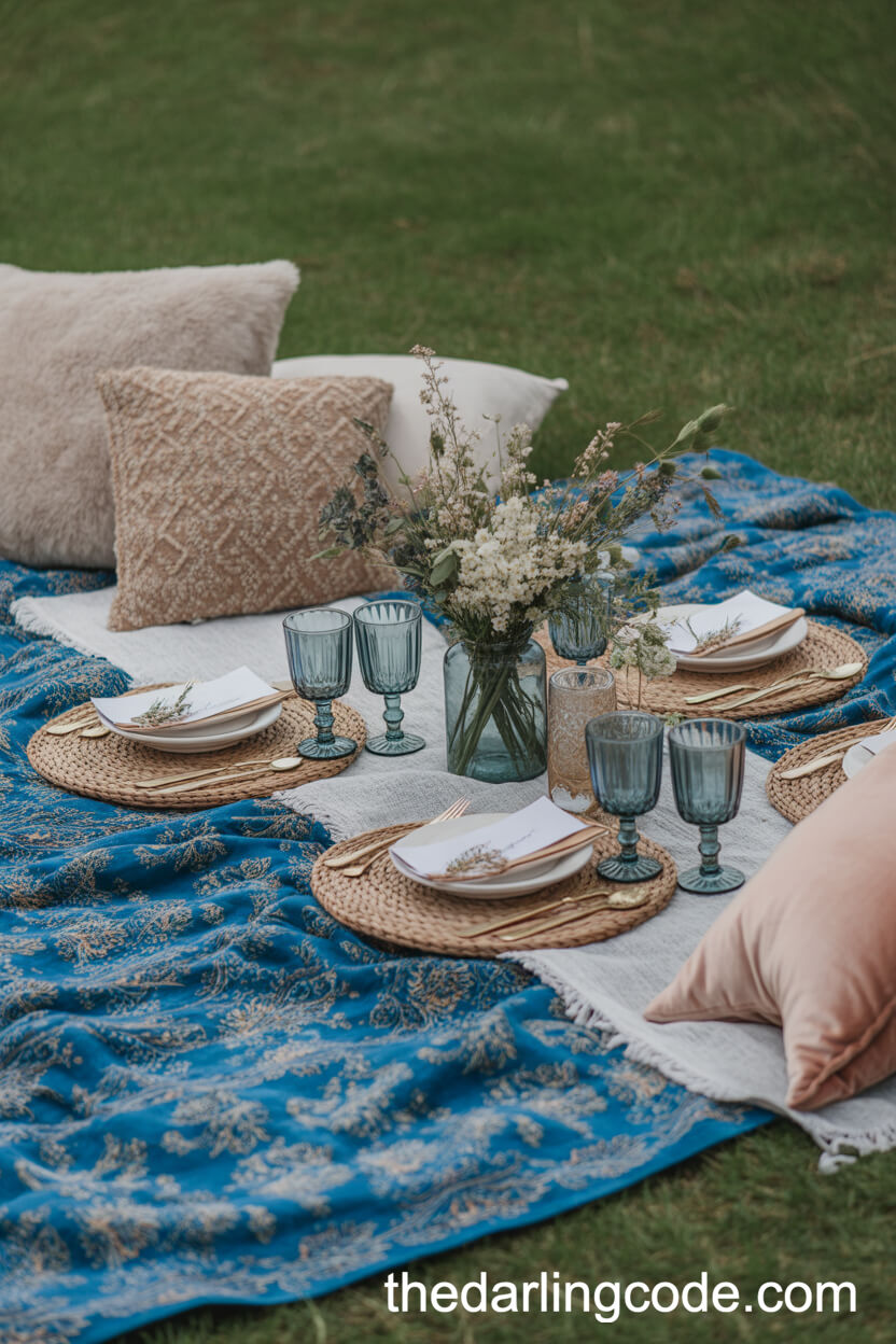 Cozy Outdoor Boho Blue Wedding Picnic