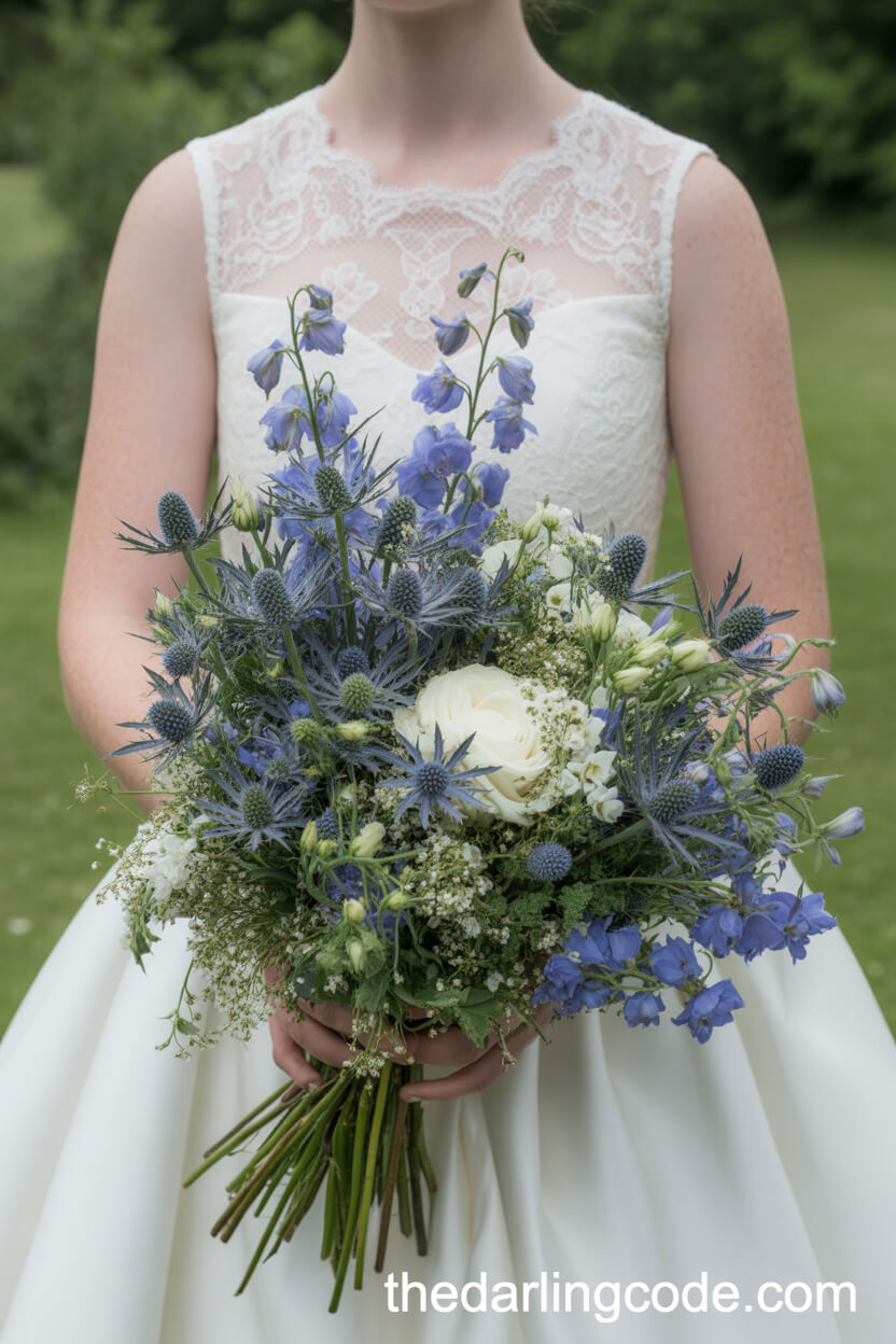 Bride with Blue Thistle and Delphinium Bouquet