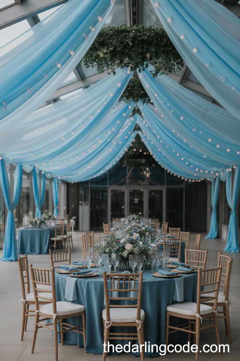Indoor Reception with Blue Chiffon and Fairy Lights