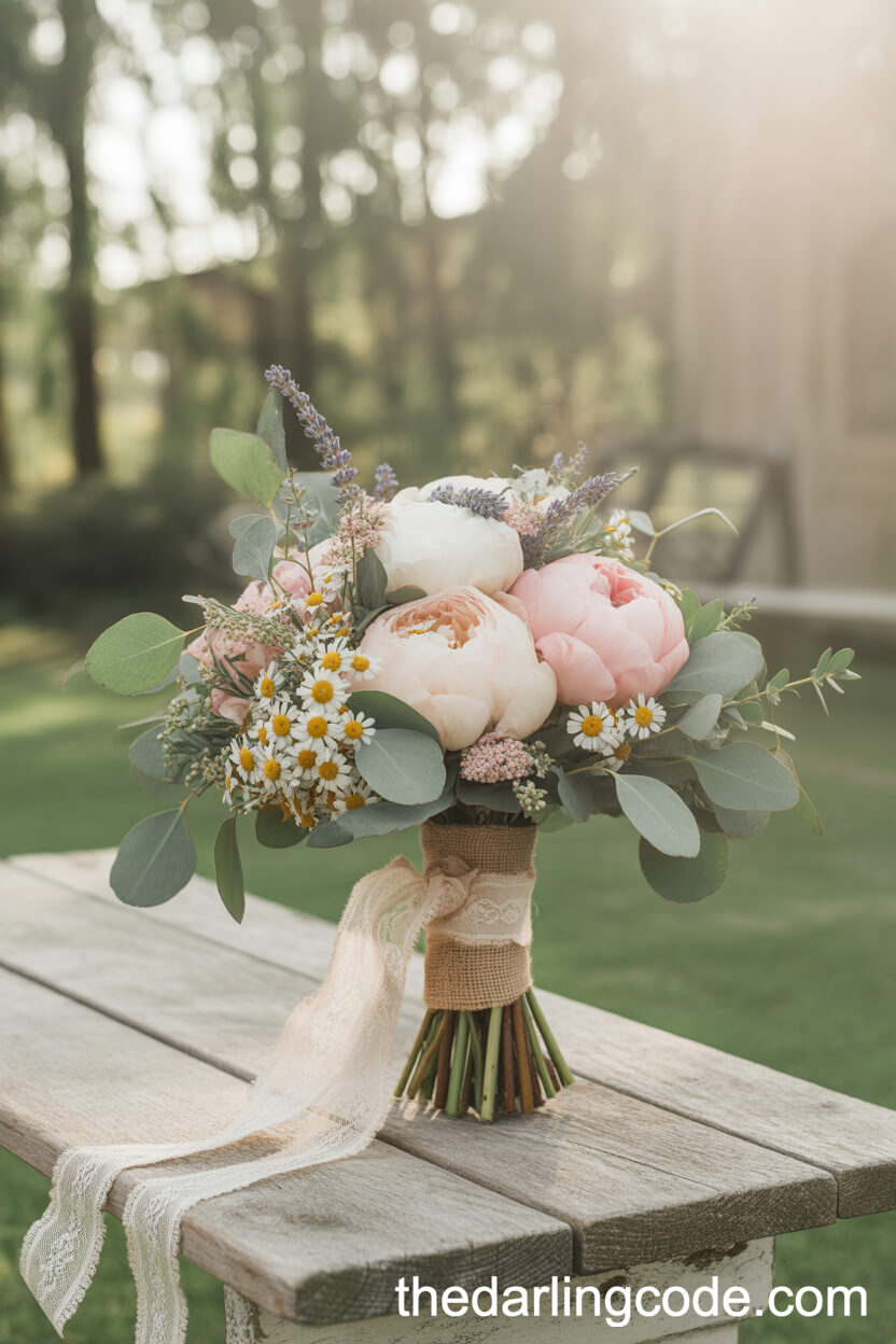 Pastel Wildflower Bouquet with Blush Peonies and Lace Ribbon