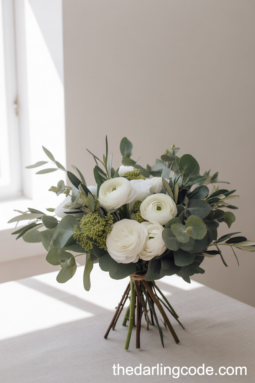 Elegant White Ranunculus and Eucalyptus Boho Arrangement