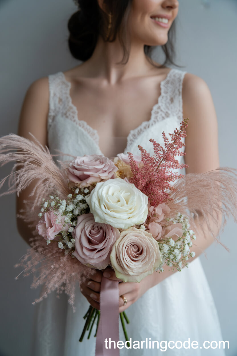 Blush and White Rose Bouquet with Feather and Astilbe Details