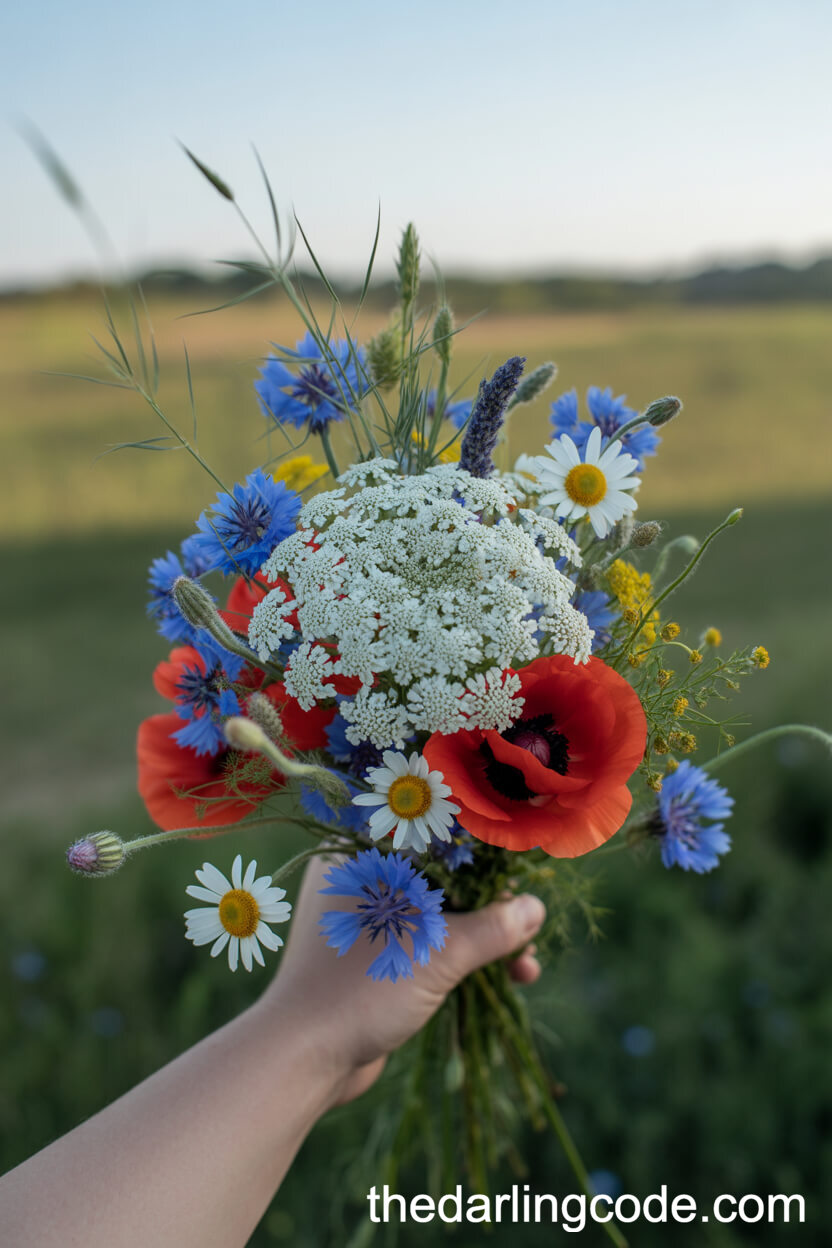 Whimsical Wildflower Boho Bouquet with Pops of Red and Blue
