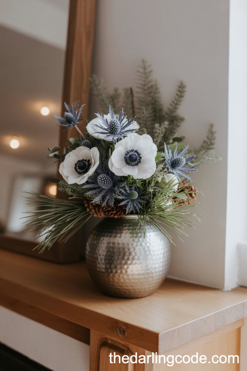 Winter Boho Bouquet with Anemones, Pinecones, and Thistles