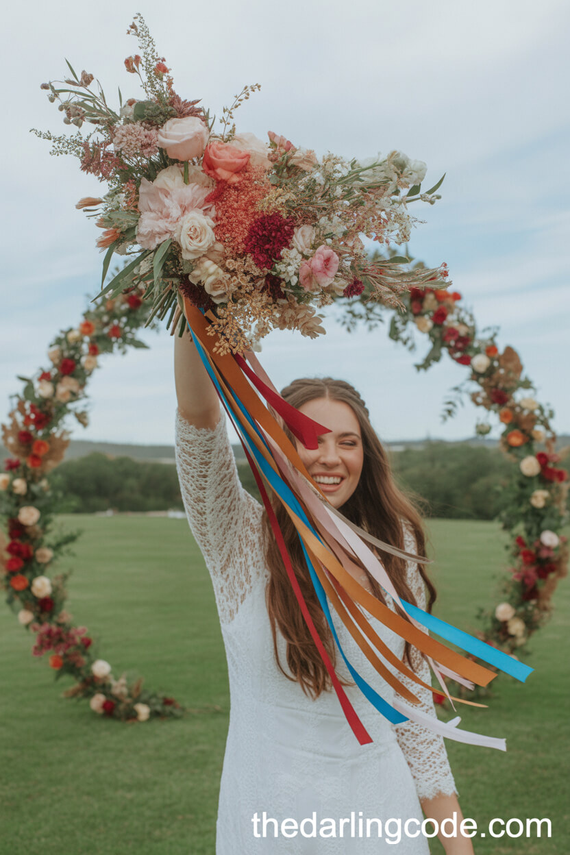 Mixed Flower Boho Bouquet with Cascading Colorful Ribbons