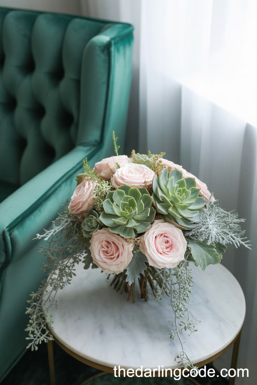 Pale Pink Rose and Succulent Boho Bouquet on Marble