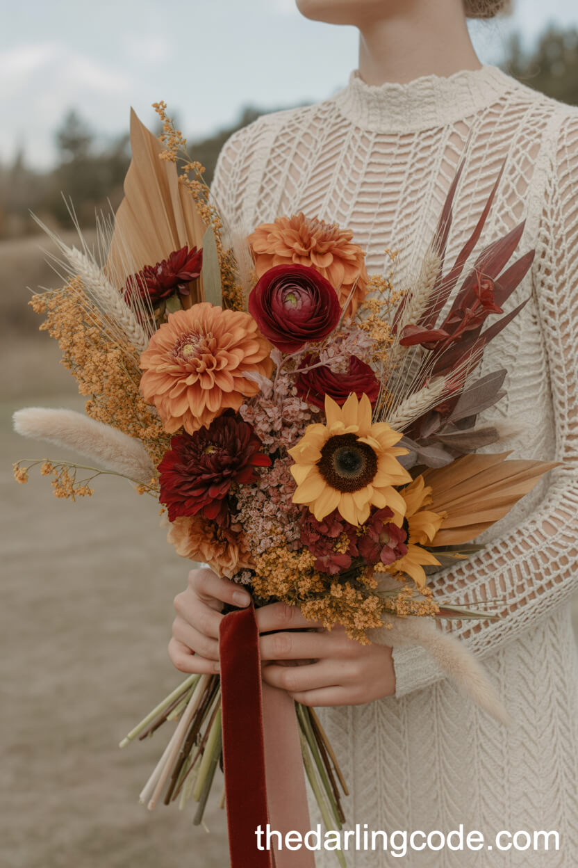 Autumn Hues: Burnt Orange, Burgundy, and Mustard Boho Bouquet