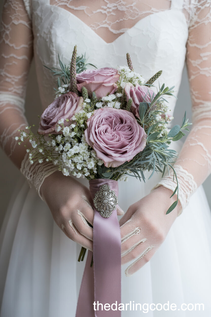 Vintage Garden Rose and Baby’s Breath Boho Bouquet with Brooch Accent