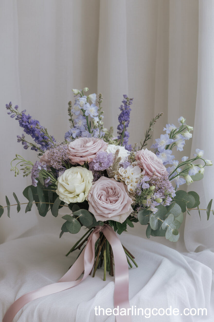 Lush Spring Bouquet with Blush Roses and Blue Delphinium