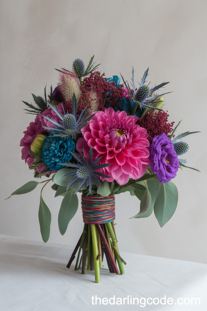 Jewel Tone Bouquet with Dahlias and Teal Thistle