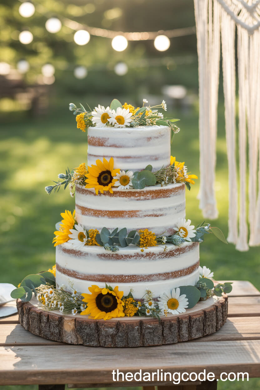 Rustic Wildflower Semi-Naked Cake in a Sunlit Garden