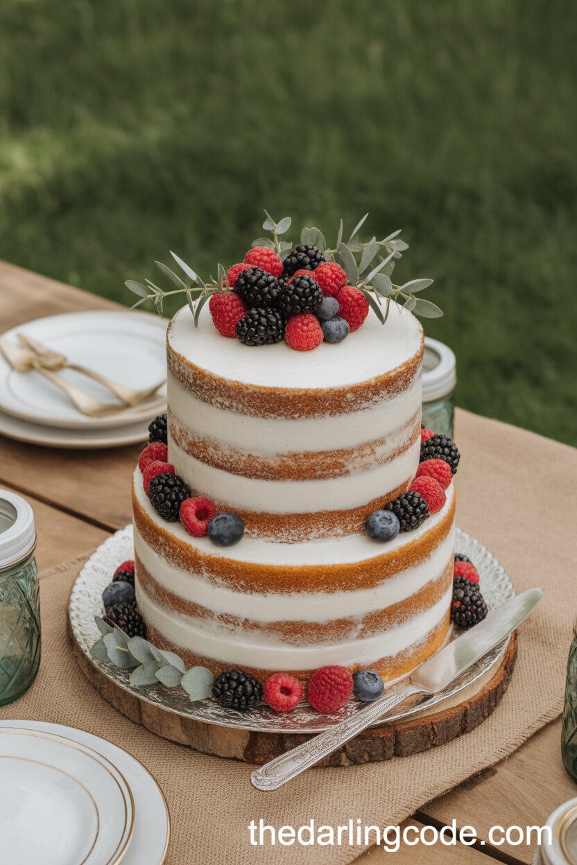 Simple Naked Berry Cake with Outdoor Vintage Styling