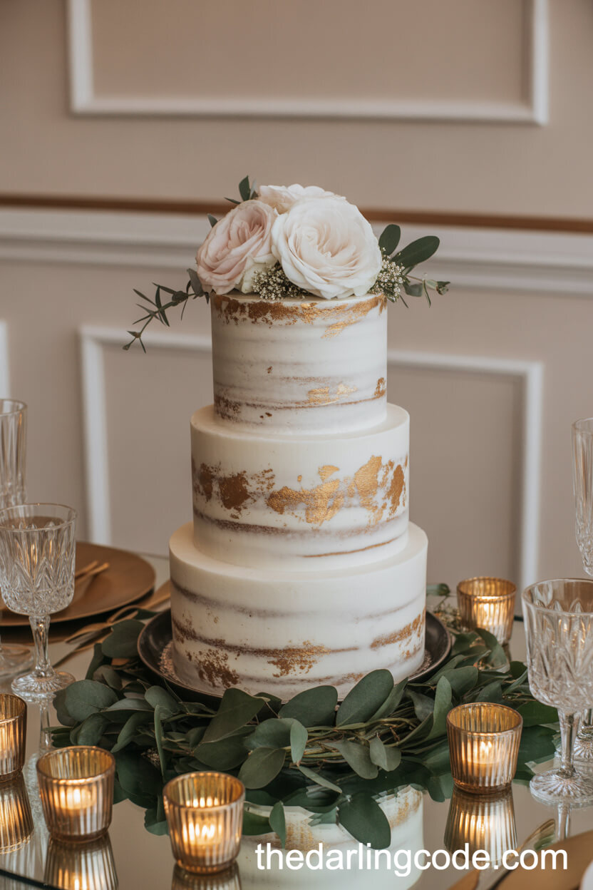 Marbled Buttercream Cake with Garden Roses and Gold Leaf