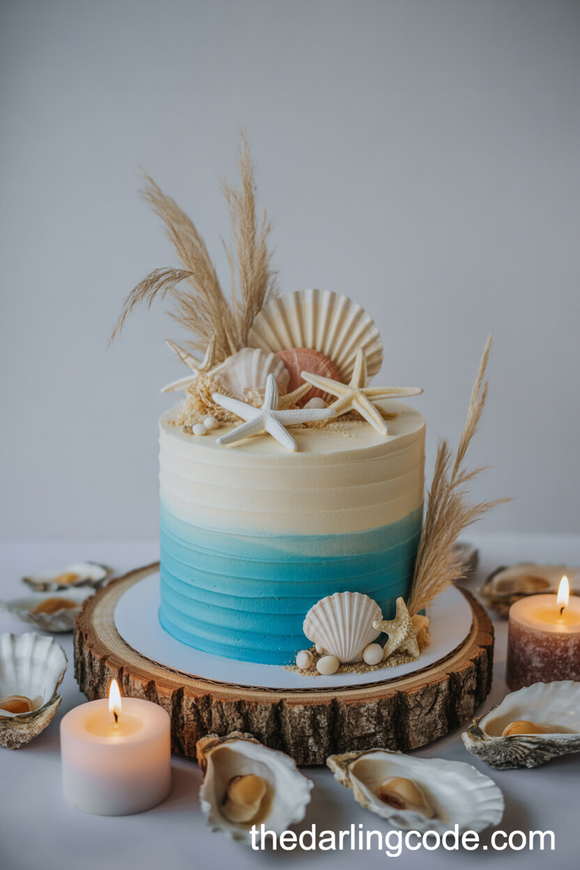 Blue Ombré Ocean Cake with Edible Seashells and Driftwood