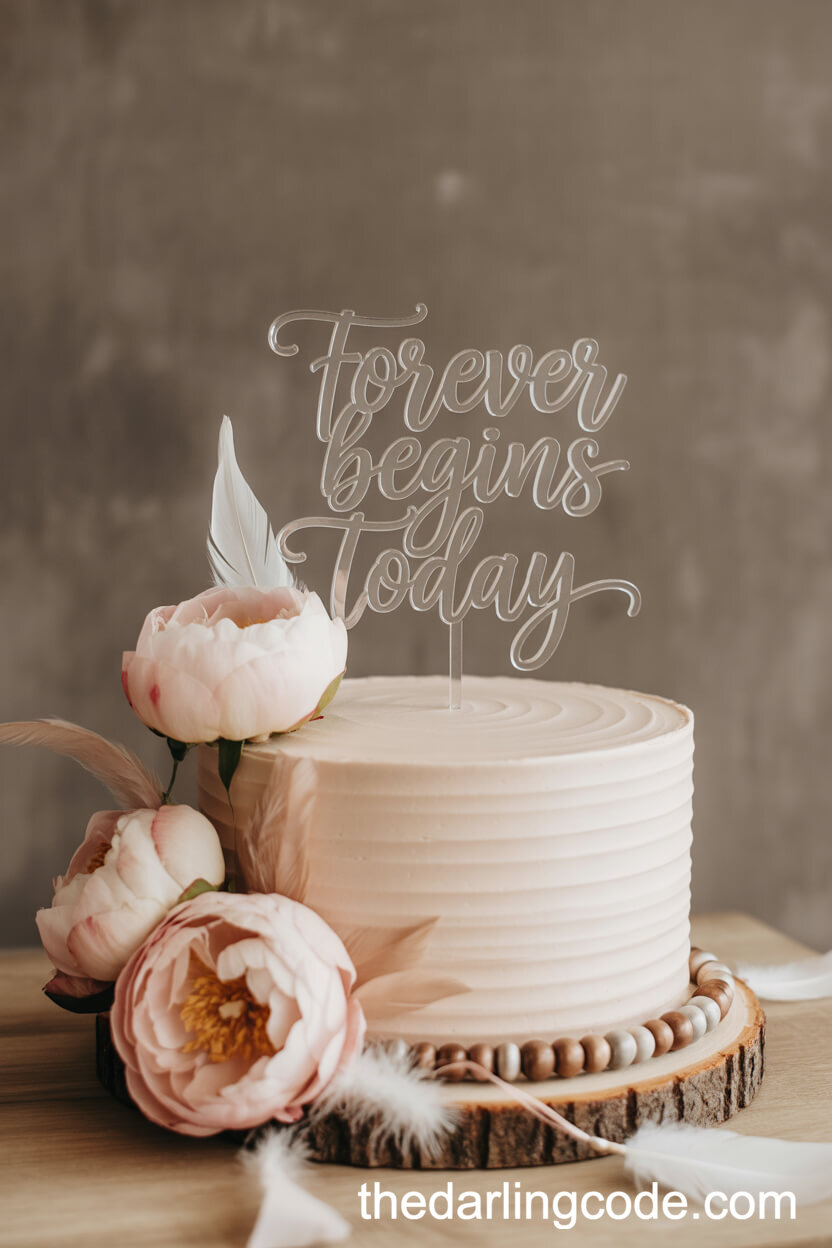 Blush Peony Cake with Boho Beads and Acrylic Topper