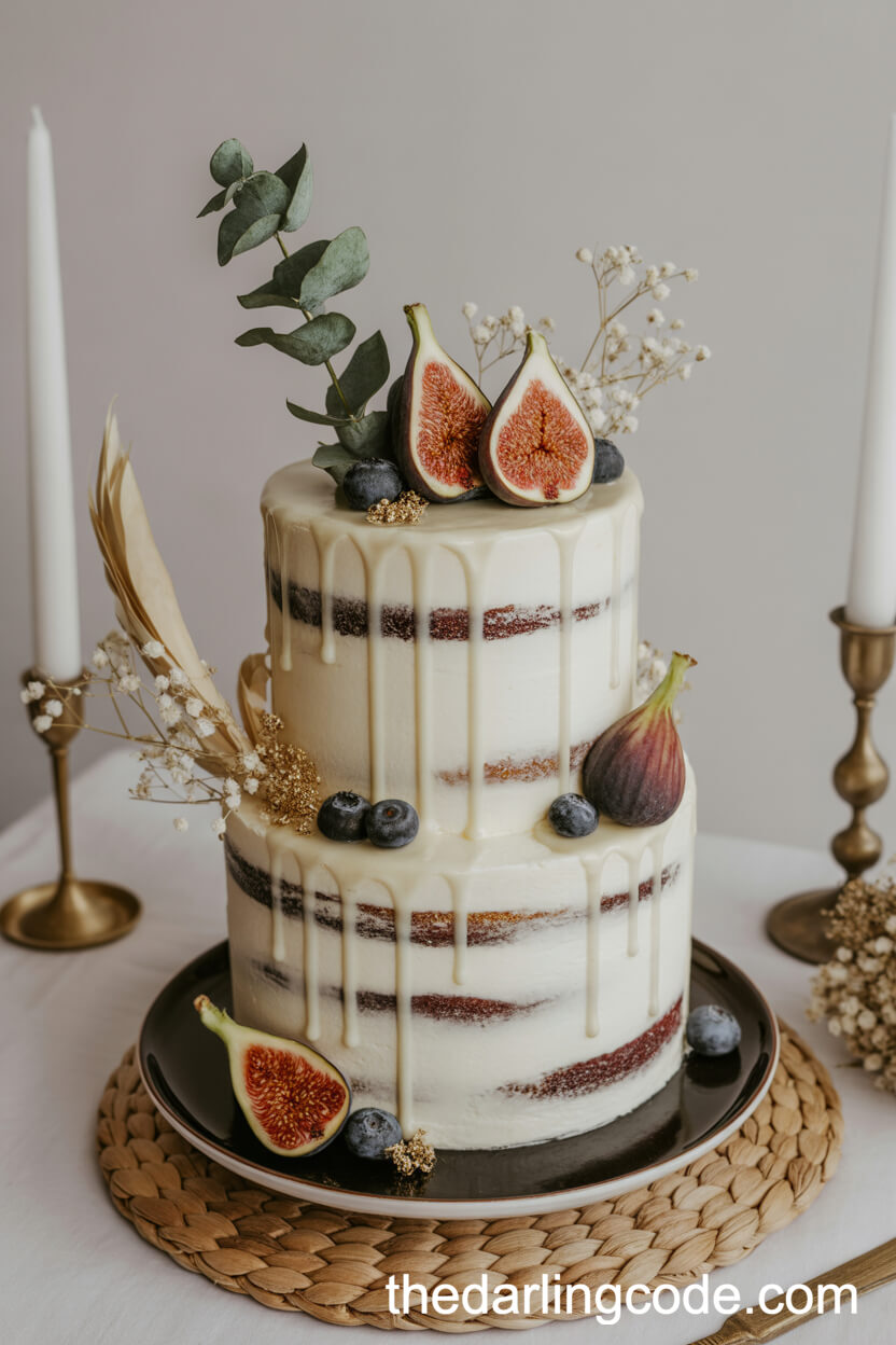 Ivory Drip Cake with Figs, Blueberries, and Antique Accents