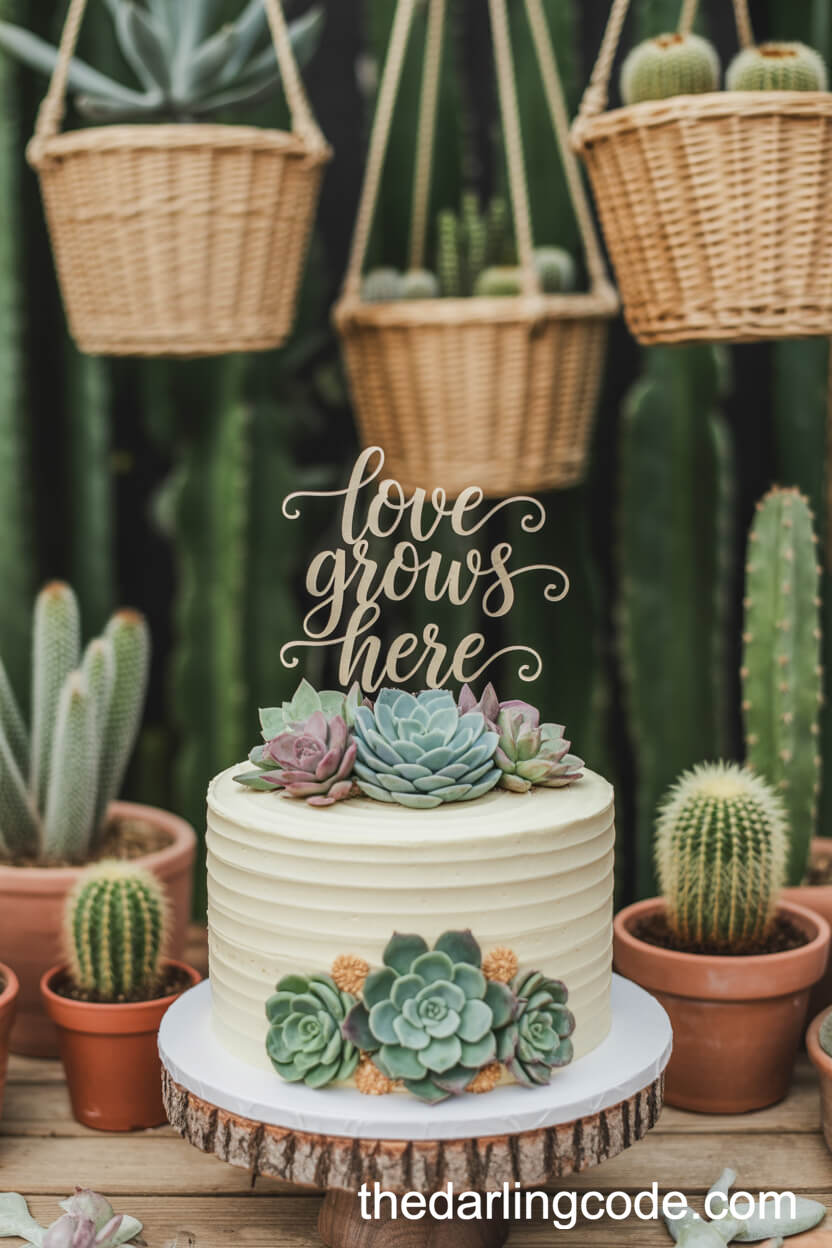 Sugar Succulent Cake with “Love Grows Here” Topper