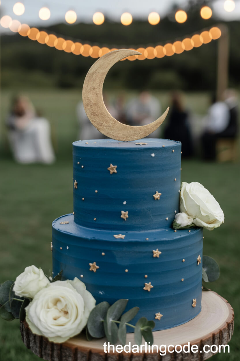 Navy Crescent Moon Cake with Roses and Fairy Lights