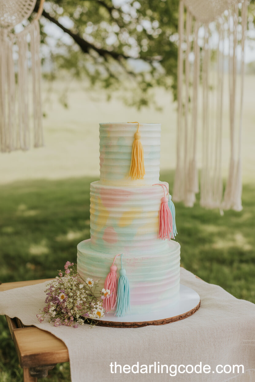 Pastel Rainbow Watercolor Cake with Sugar Tassels and Wildflowers