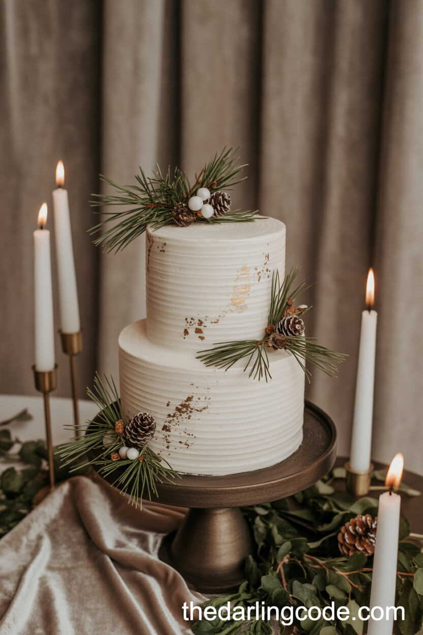 Winter White Cake with Pine, Pinecones, and Velvet Décor