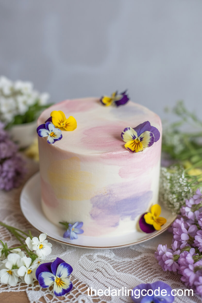 Pastel Watercolor Cake Adorned with Edible Pansies