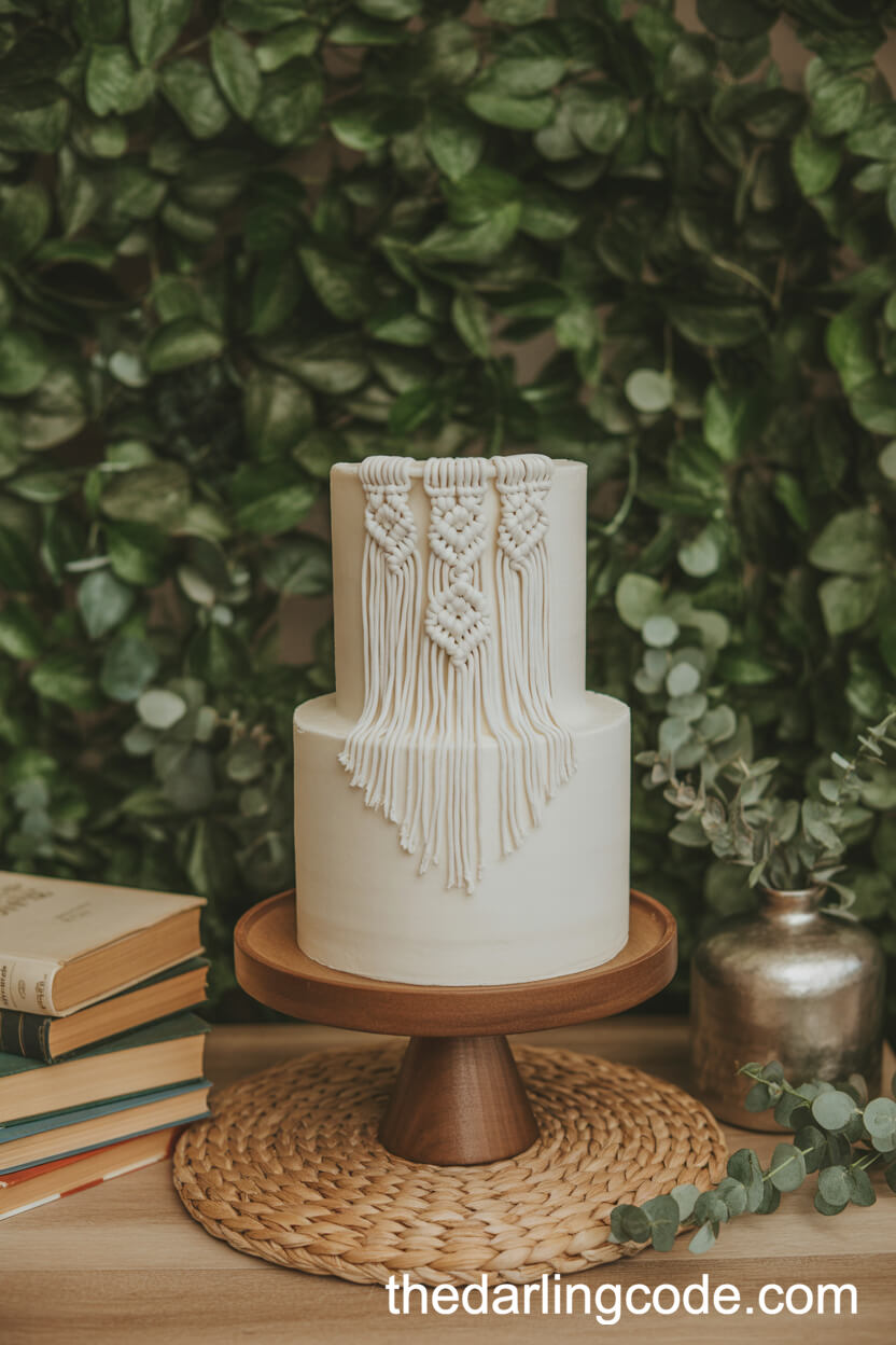 Minimalist Macramé Fondant Cake with Greenery Backdrop