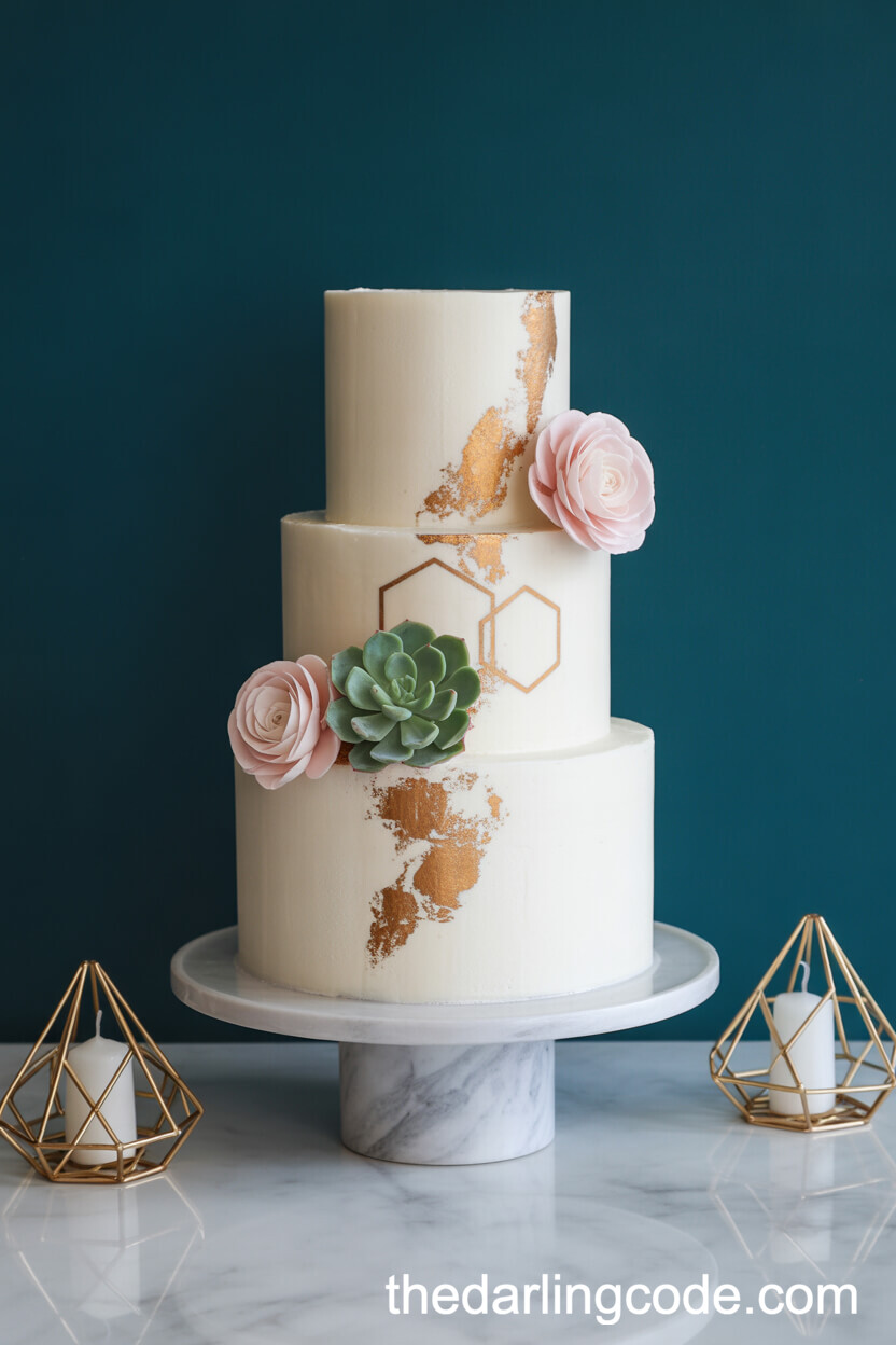 Modern Geometric Cake with Gold Accents and Succulents