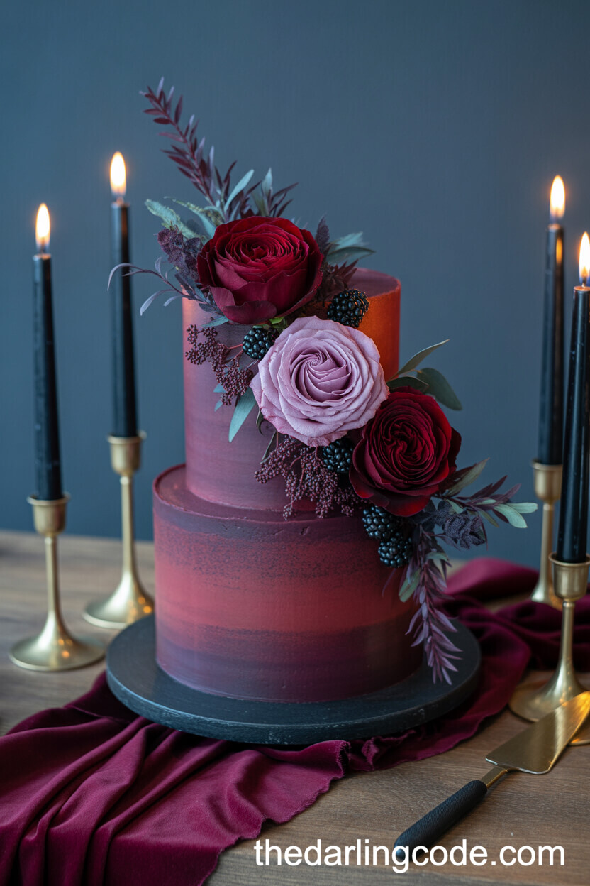 Burgundy and Mauve Cake with Velvet and Gold Touches