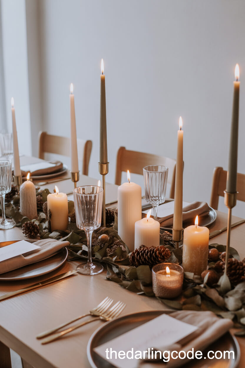 Winter Table Setting with Candles and Dried Foliage