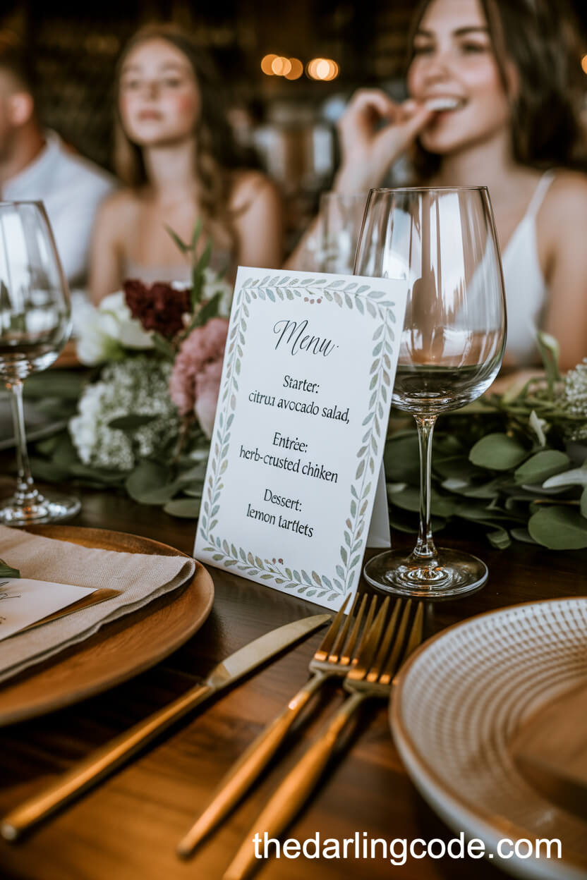 Candid Boho Wedding Menu Card at Dinner Table
