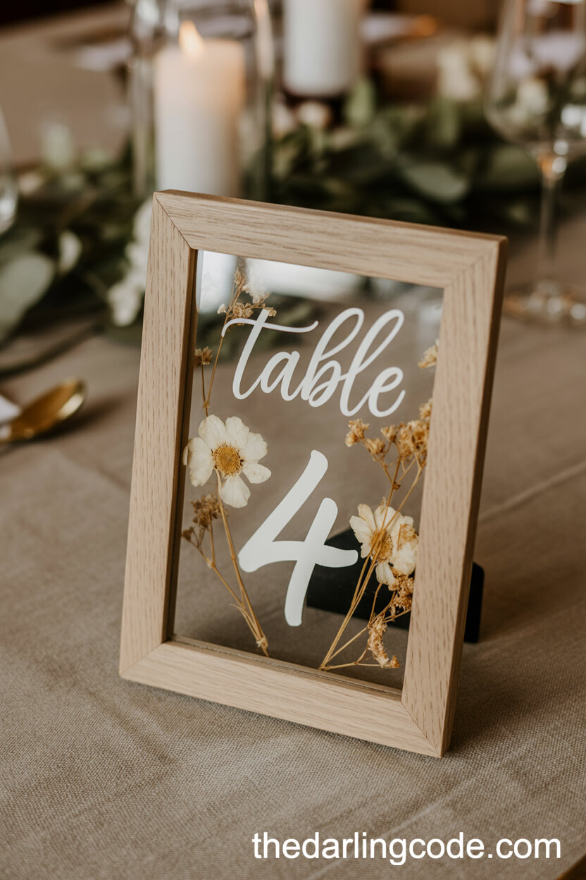 Table Number Display with Pressed Dried Flowers