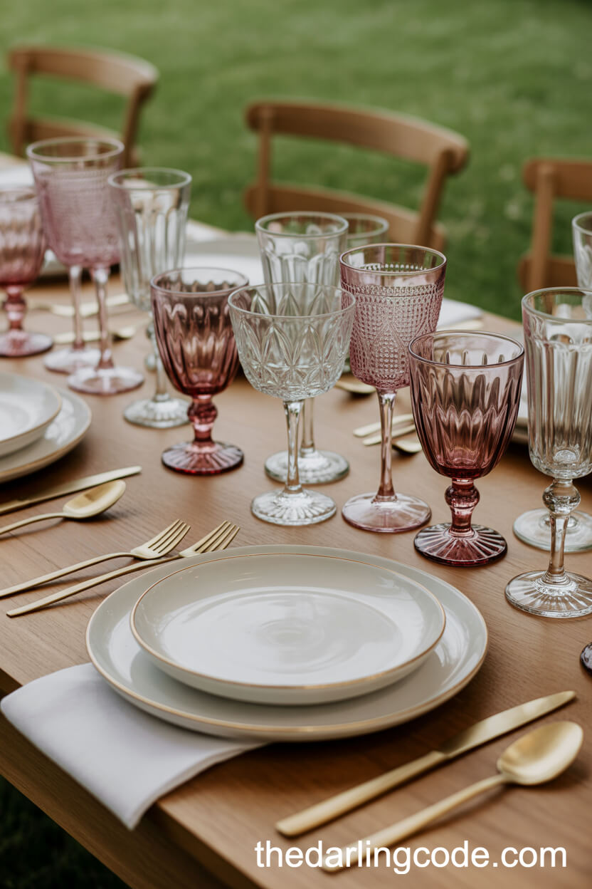 Vintage Glassware on a Rustic Garden Reception Table