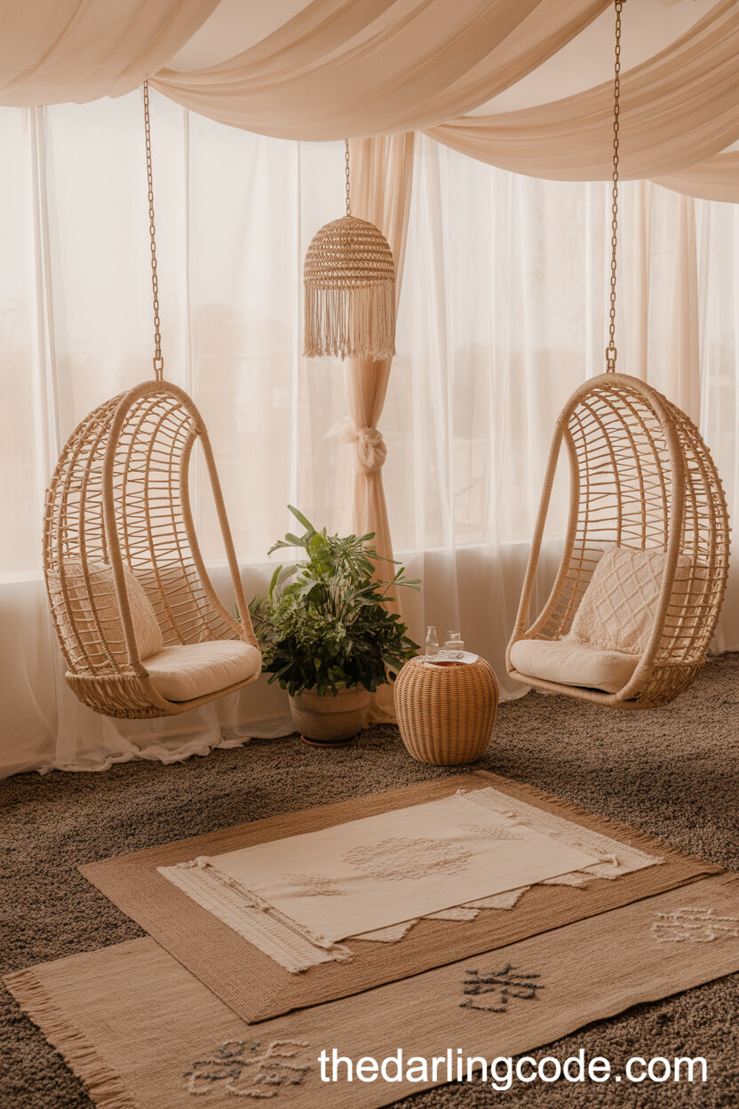 Suspended Wicker Chairs in a Boho Bridal Lounge
