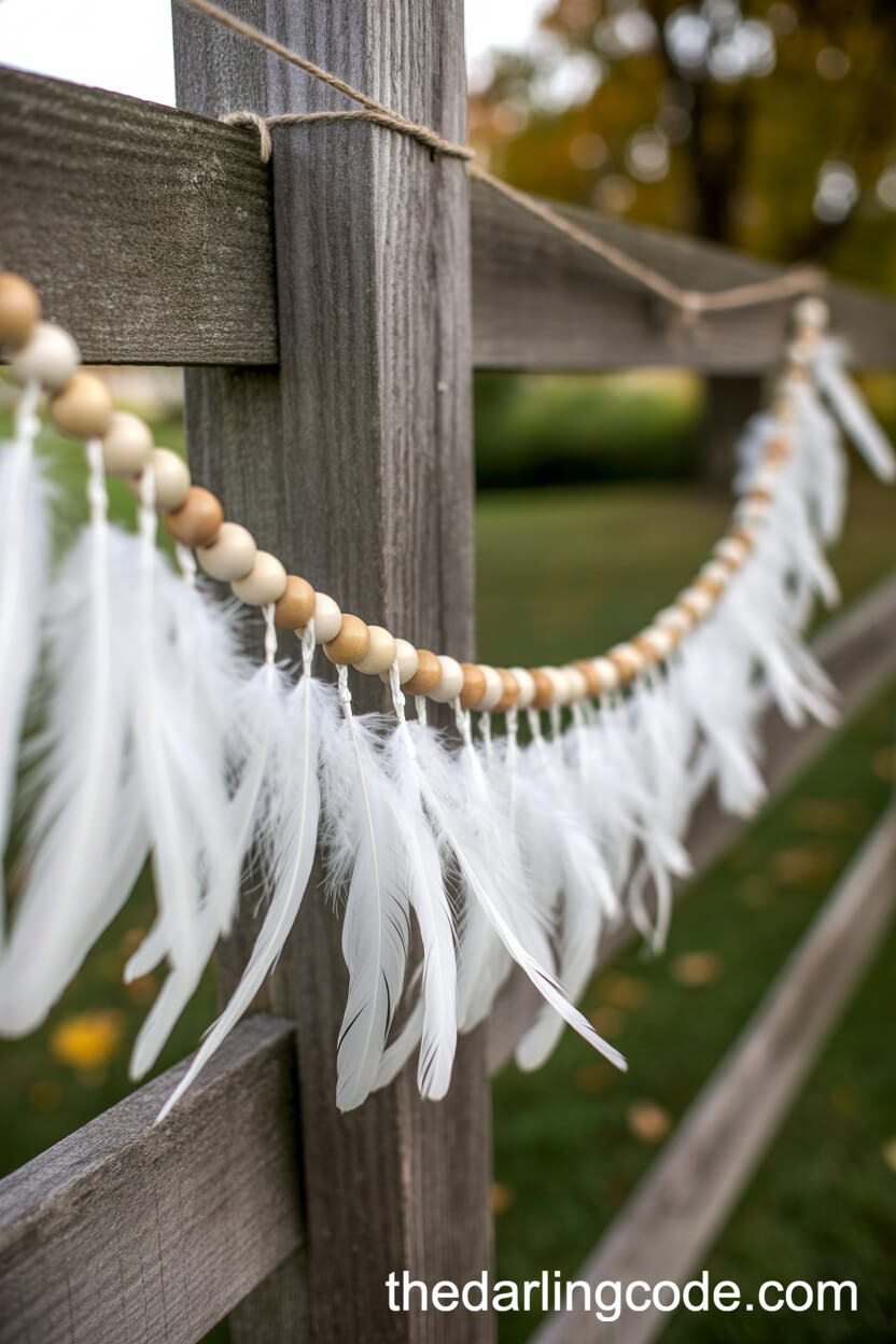 DIY Feather and Wood Bead Garland on Fence