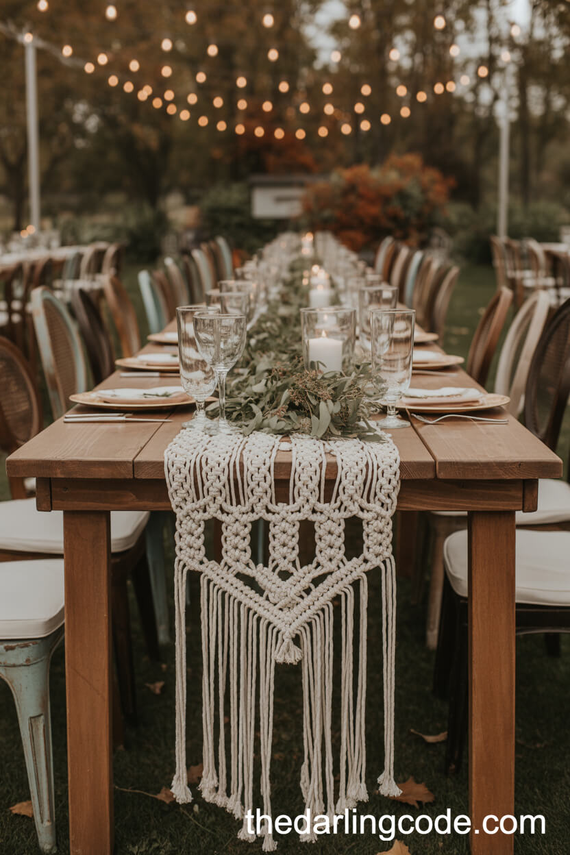 Rustic Reception Table with Macramé Runner and Greenery