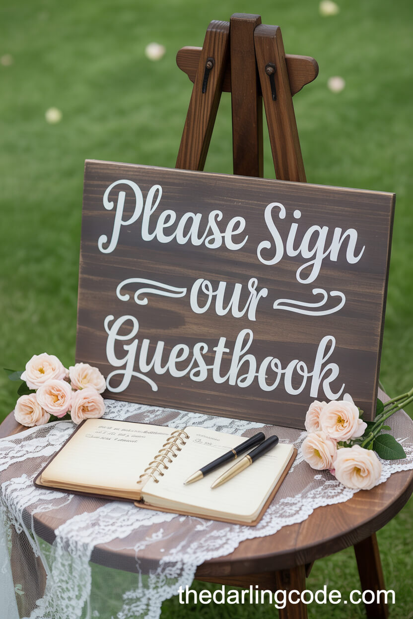Vintage-Style Guestbook Display with Lace and Roses